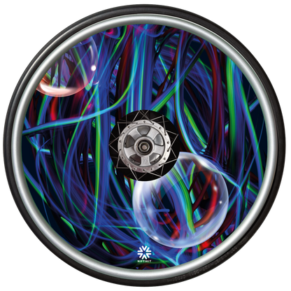 Colorful abstract design of blues, greens and purple strands with opaque bubbles on a wheelchair wheel with a Niftikit brand logo at the bottom in white.
