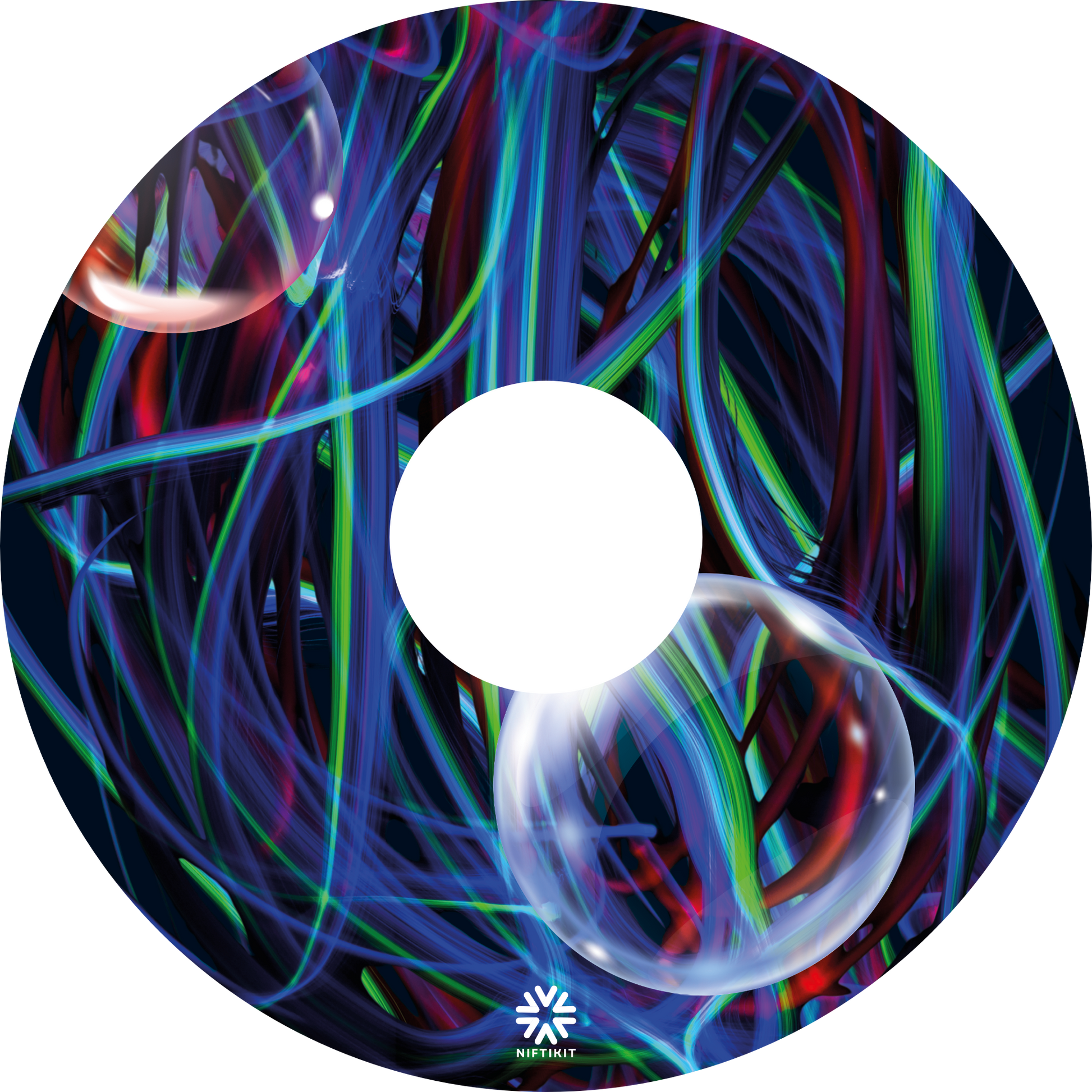 Colorful abstract design of blues, greens and purple strands with opaque bubbles on a wheelchair wheel cover with centre cut out and a Niftikit brand logo at the bottom in white.