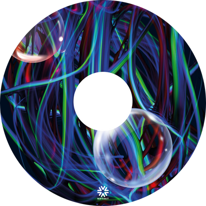 Colorful abstract design of blues, greens and purple strands with opaque bubbles on a wheelchair wheel cover with centre cut out and a Niftikit brand logo at the bottom in white.