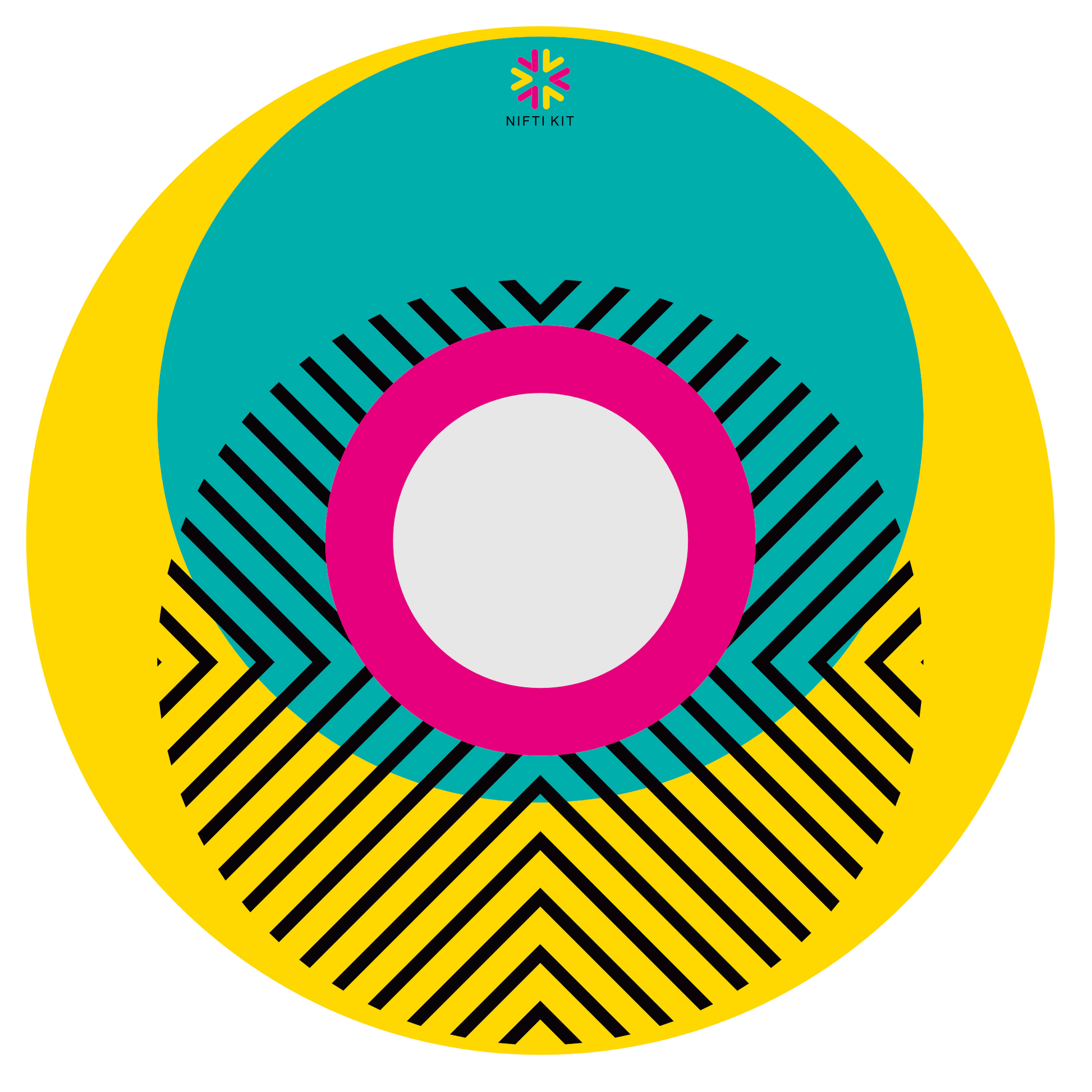 Spoke guard cover featuring bright geometric pattern including circles and lines. Yellow background with centre hub cutout and small Niftikit logo.
