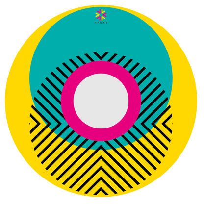 Spoke guard cover featuring bright geometric pattern including circles and lines. Yellow background with centre hub cutout and small Niftikit logo.