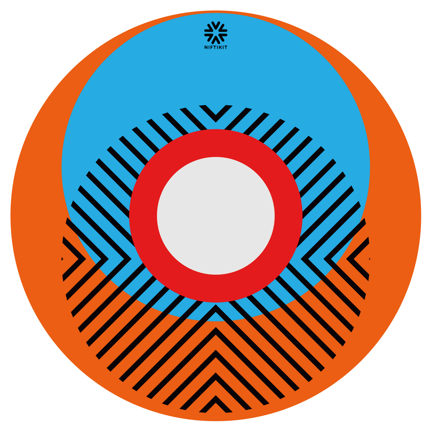 Spoke guard cover featuring bright geometric pattern including circles and lines. Orange background with centre hub cutout and small Niftikit logo.