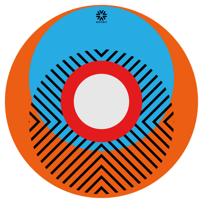 Spoke guard cover featuring bright geometric pattern including circles and lines. Orange background with centre hub cutout and small Niftikit logo.