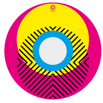 Spoke guard cover featuring bright geometric pattern including circles and lines. Dark pink background with centre hub cutout and small Niftikit logo.
