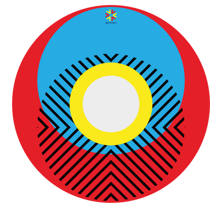 Spoke guard cover featuring bright geometric pattern including circles and lines. Red background with centre hub cutout and small Niftikit logo.