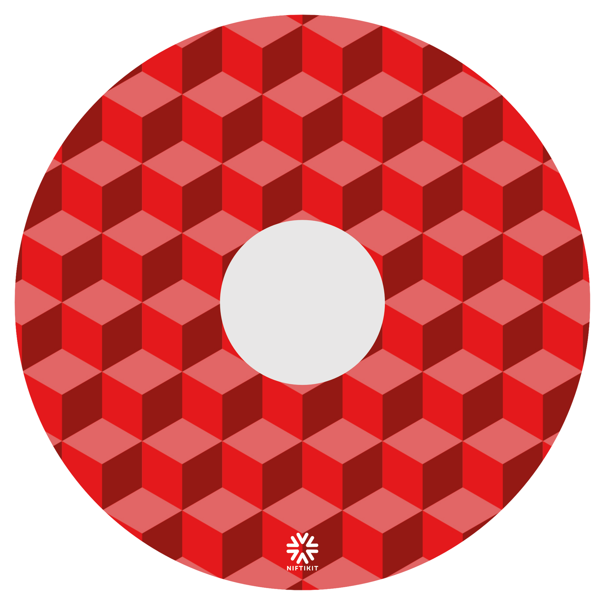 Wheelchair wheel cover with red geometric-blocks pattern with a small white visible Niftikit logo and centre hub cutout.