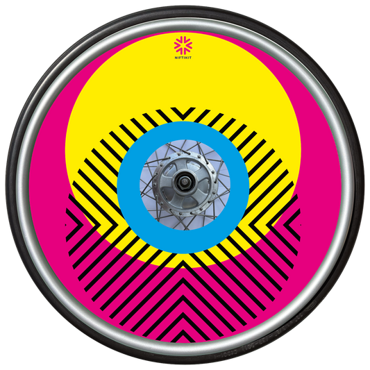 Wheelchair wheel with cover featuring bright geometric pattern including circles and lines. dark pink background with centre hub cutout and small Niftikit logo.