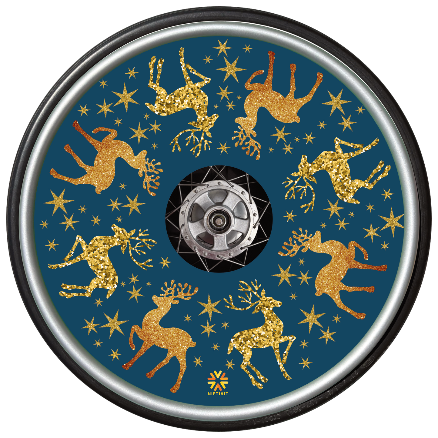 Wheelchair wheel with spoke guard  featuring sparkly golden reindeer running around the circumference 