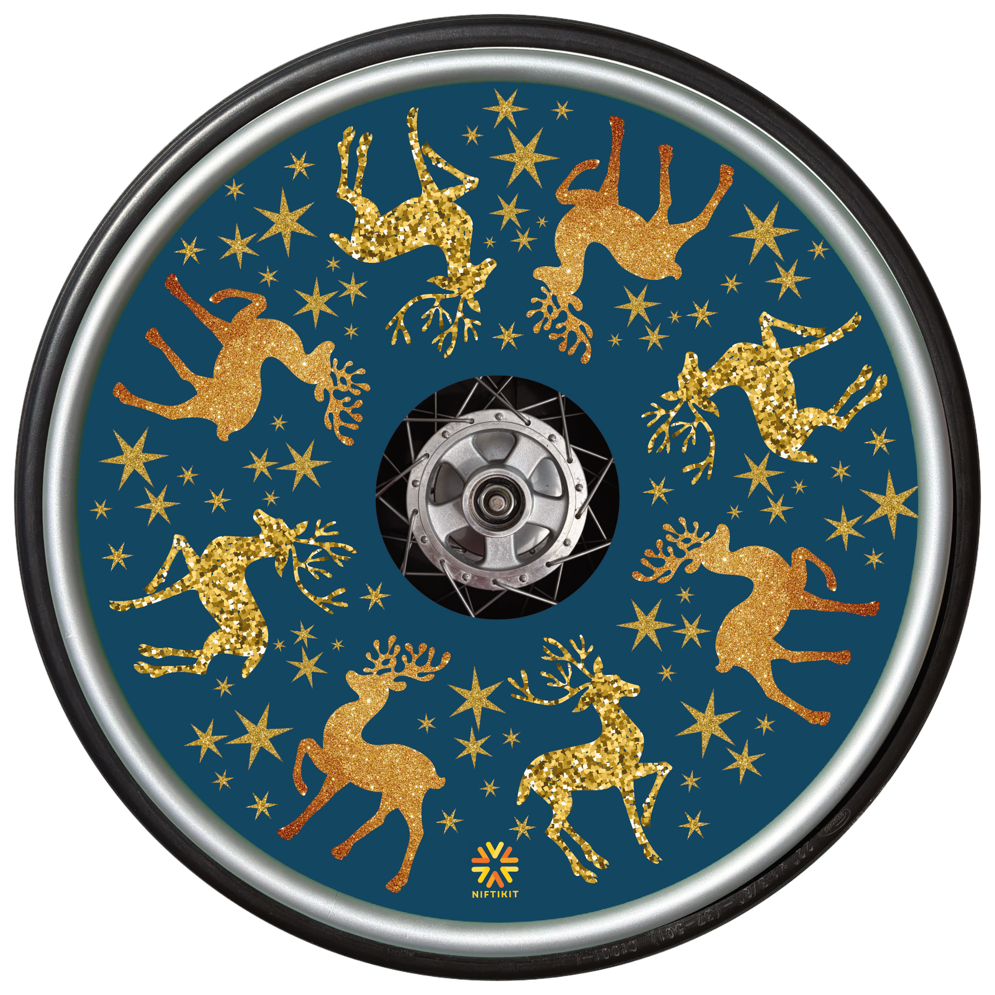 Wheelchair wheel with spoke guard  featuring sparkly golden reindeer running around the circumference 