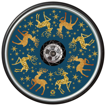 Wheelchair wheel with spoke guard  featuring sparkly golden reindeer running around the circumference 