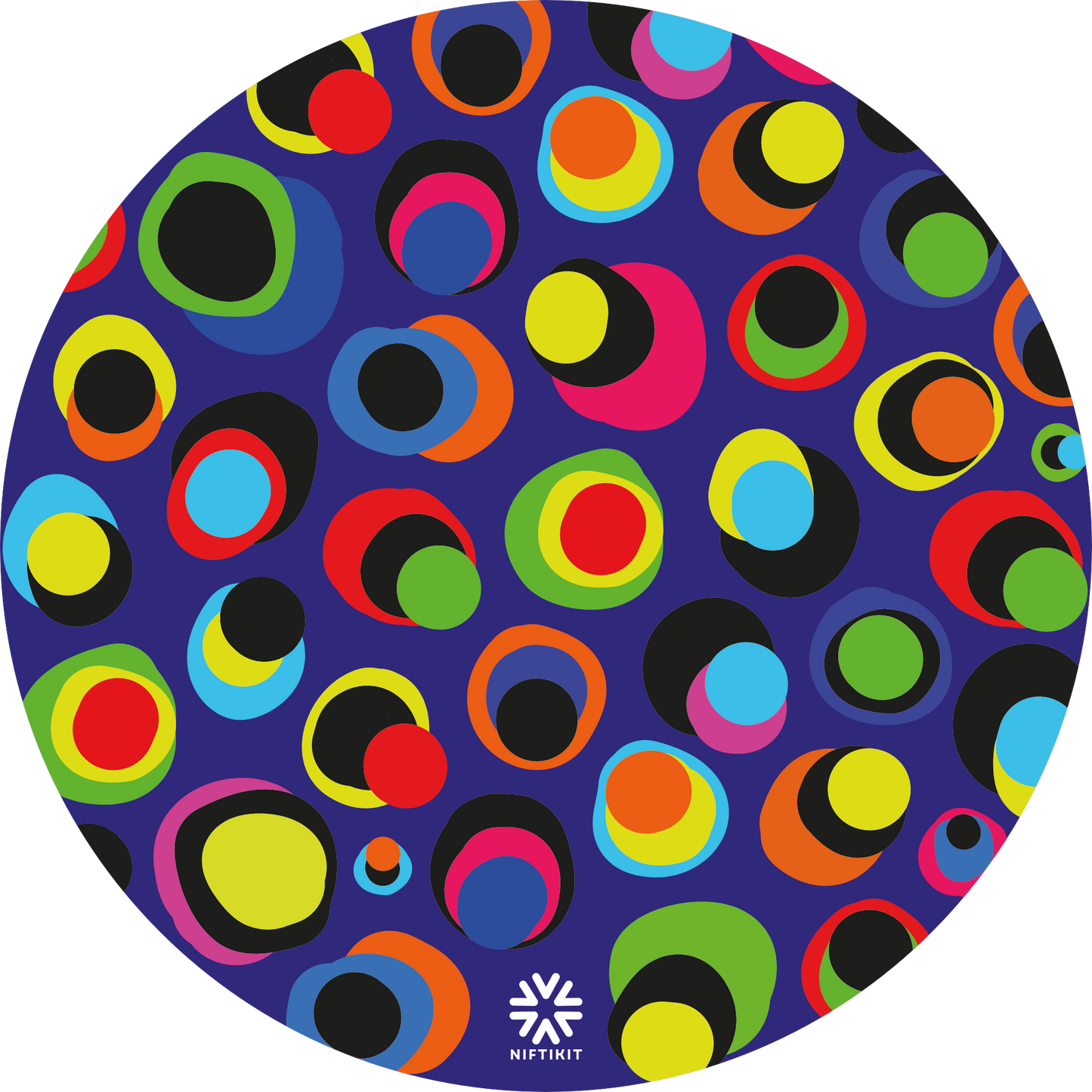 Wheelcover with colourful dot pattern spoke guard covers in bright multicolour circles on a dark blue background, Niftikit Gone Dotty design