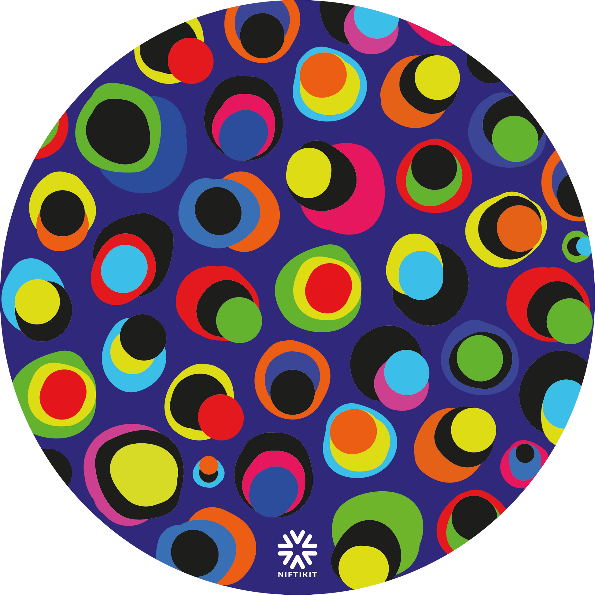 Wheelcover with colourful dot pattern spoke guard covers in bright multicolour circles on a dark blue background, Niftikit Gone Dotty design