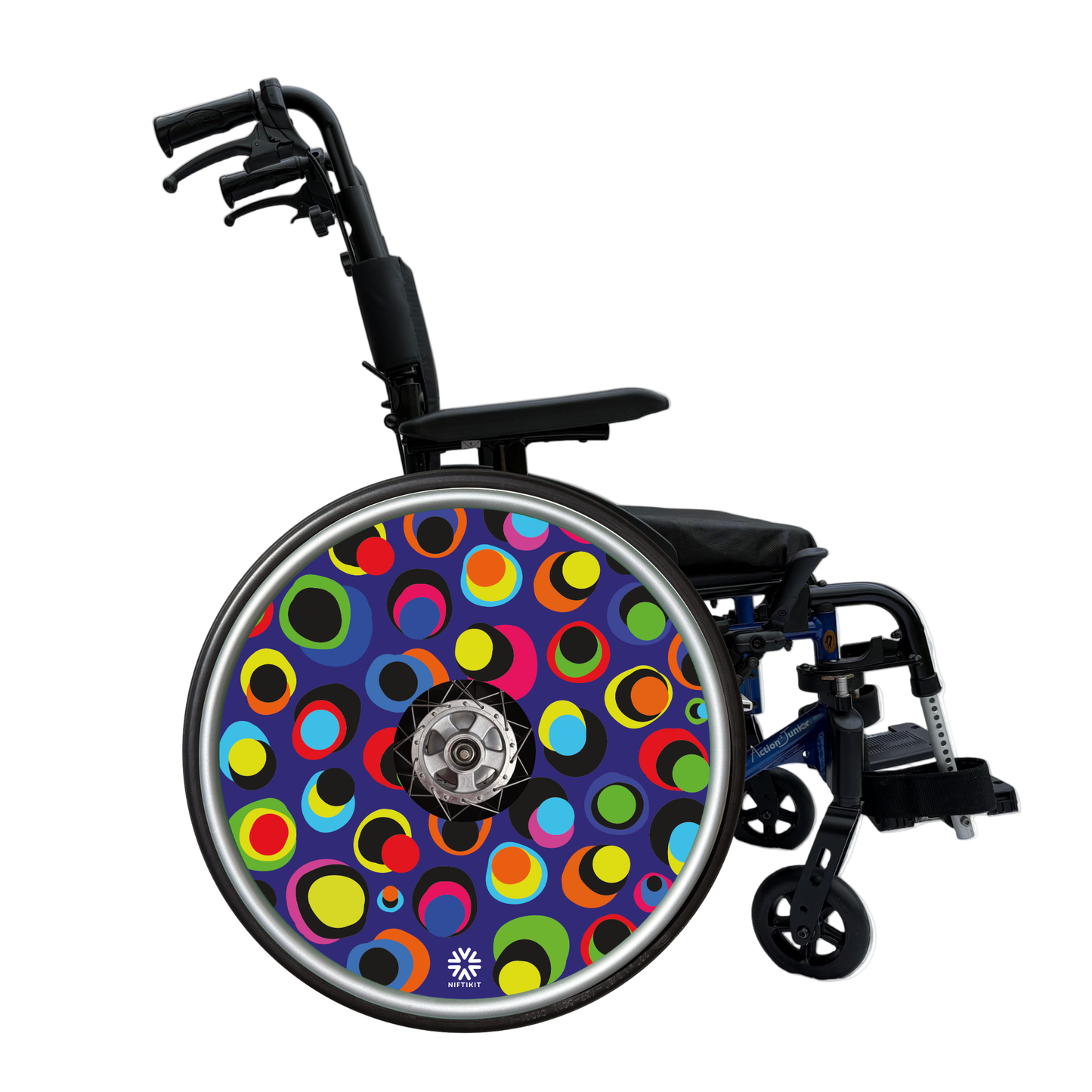Wheelchair with colourful dot pattern spoke guard covers in bright multicolour circles on a dark blue background, Niftikit Gone Dotty design