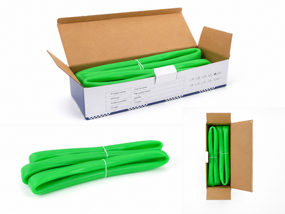 Green silicone wheelchair push rim covers shown in branded packaging, with pair of bundled covers displayed outside and inside the box.