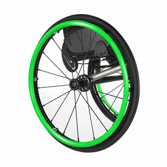 Green silicone push rim handrim cover on a wheelchair wheel