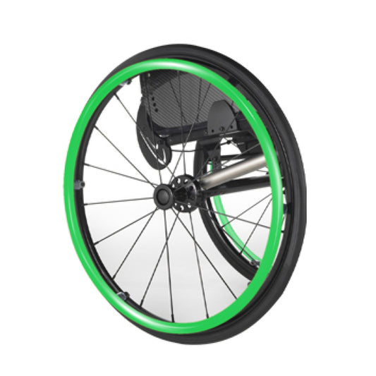 Green silicone push rim handrim cover on a wheelchair wheel