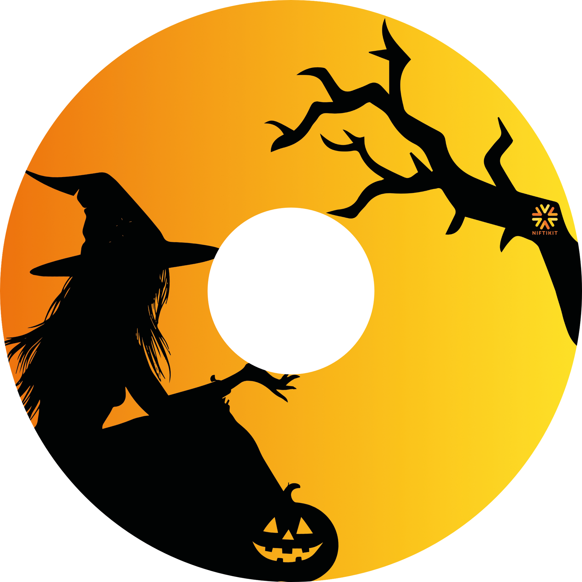 Wheelchair wheel cover featuring the silhouette of a witch and tree on an orange background