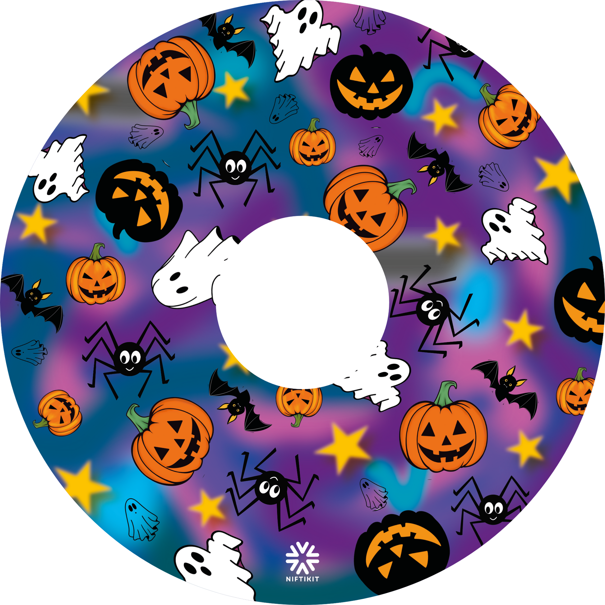 Wheelchair wheel cover featuring spiders, ghosts, pumpkins and bats on a blue and purple background.