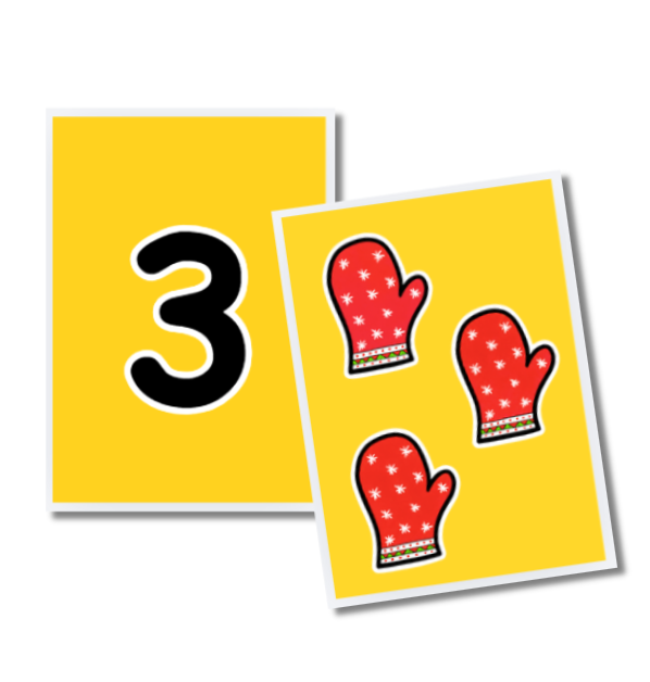 Two yellow cards with white borders on a white background. The left card shows a large black number 3, and the right card shows three red mitten graphics with white stars and black outlines.