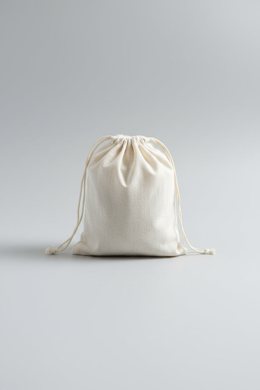 White drawstring storage bag on a light gray background