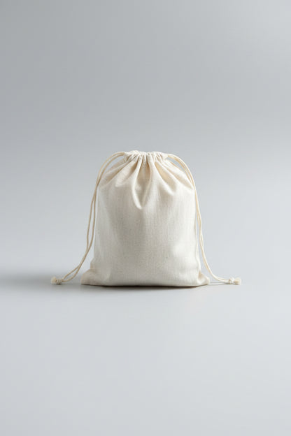 White drawstring storage bag on a light gray background