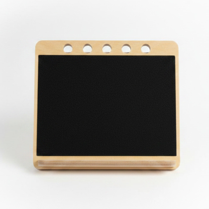 A3 black Velcro pad with wooden frame and holes for hanging toys , displayed on a white background
