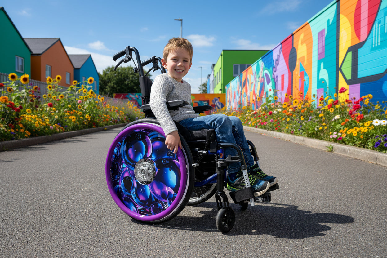 Child sits in a wheelchair gripping purple push rim covers in a street lined by flowers and colourful buildings. 
