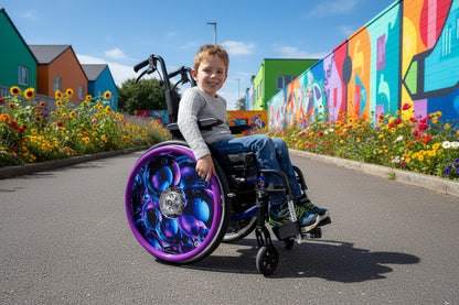 Child sits in a wheelchair gripping purple push rim covers in a street lined by flowers and colourful buildings. 