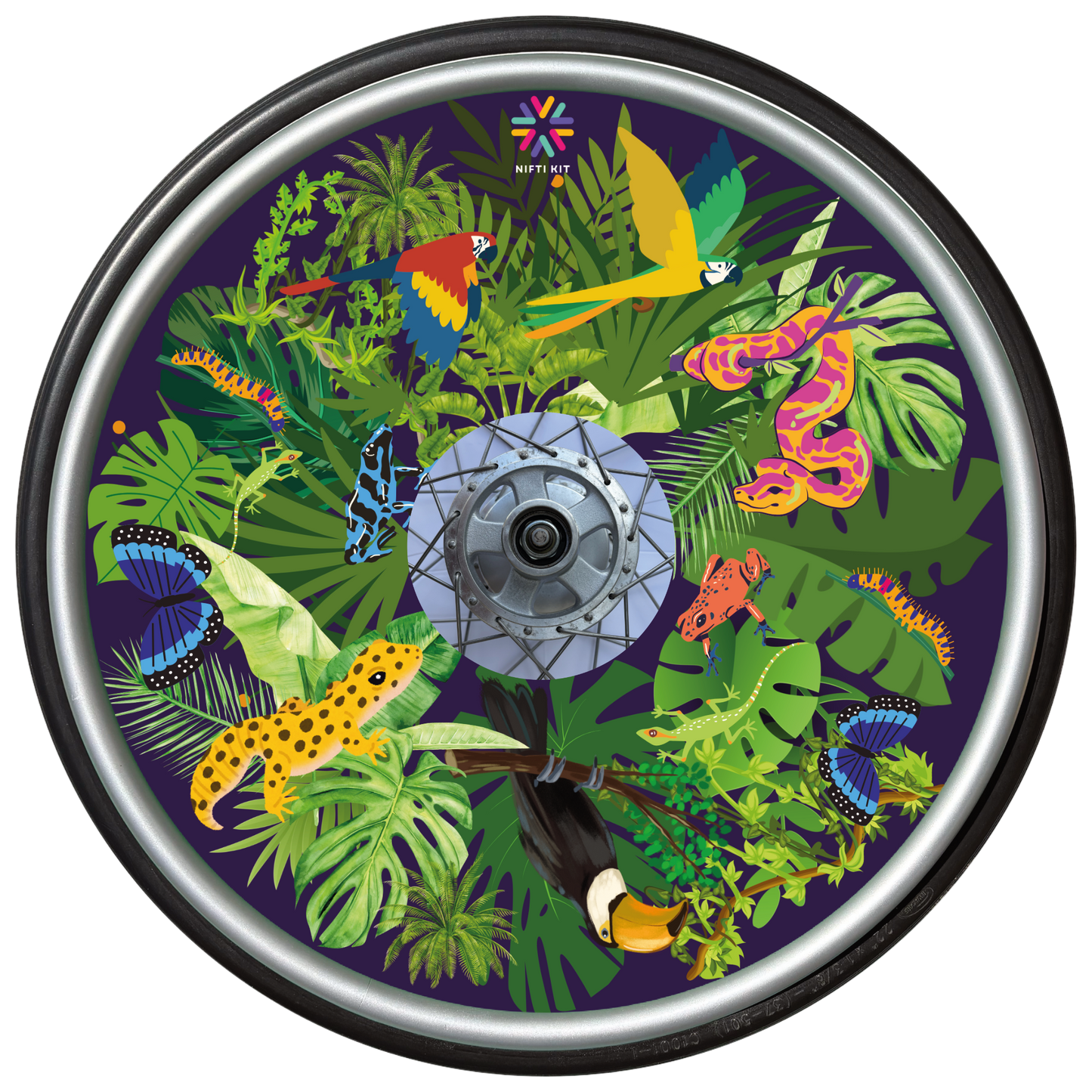 Wheelchair wheel with cover featuring colourful jungle themed animals on various shaped leaves over a navy blue background.  