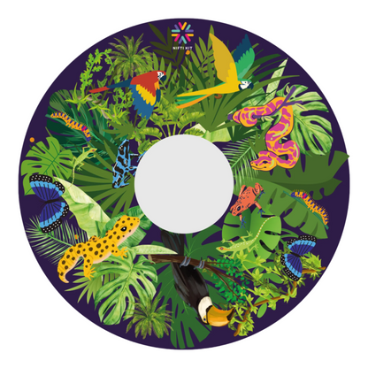 Spoke guard cover featuring colourful jungle themed animals on various shaped leaves over a navy blue background. With centre hub cutout.  
