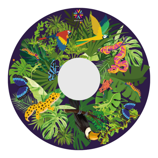 Spoke guard cover featuring colourful jungle themed animals on various shaped leaves over a navy blue background. With centre hub cutout.  