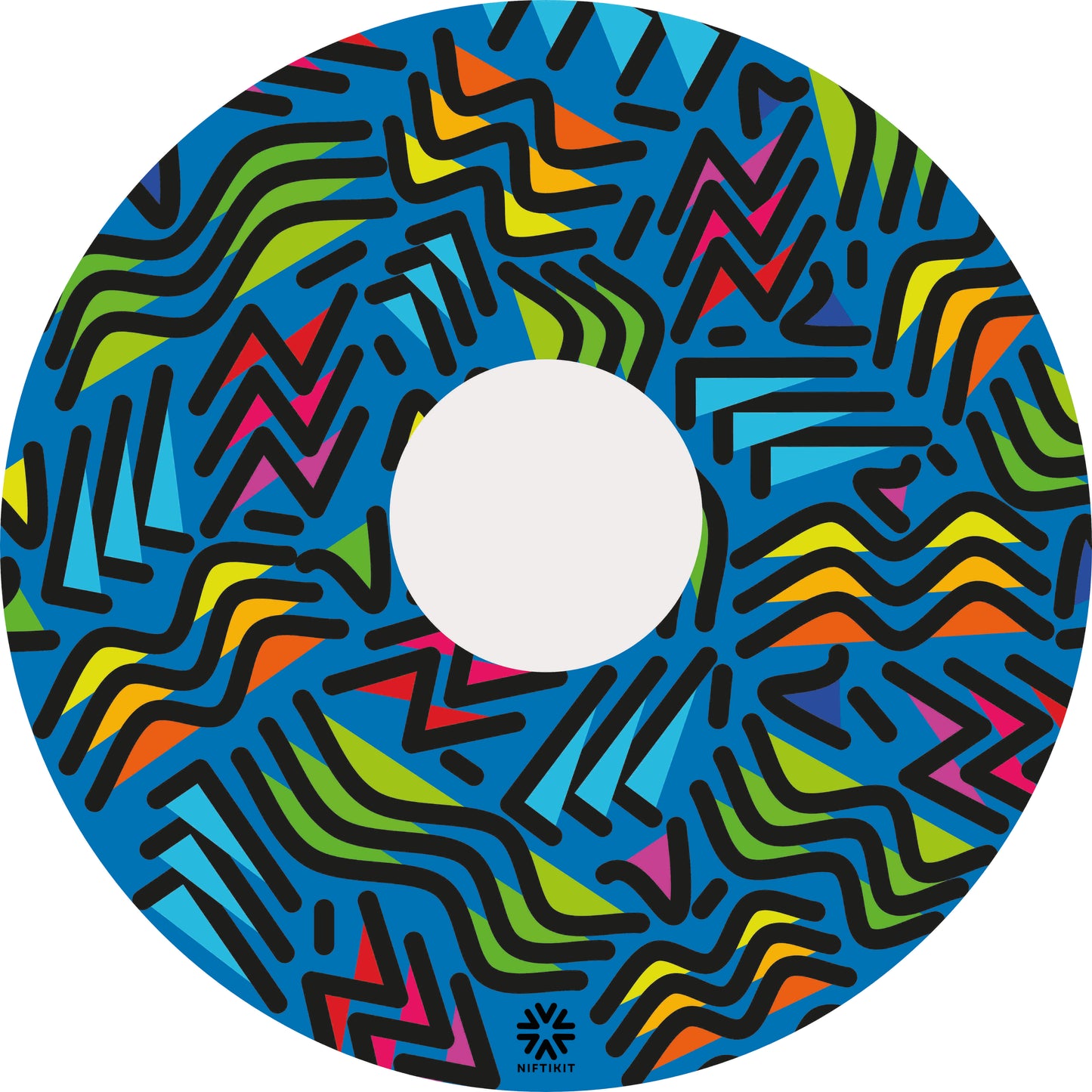 Wheel cover with geometric lines of varying shapes and lengths with shaded infill blocks contrasting on a blue base background. 