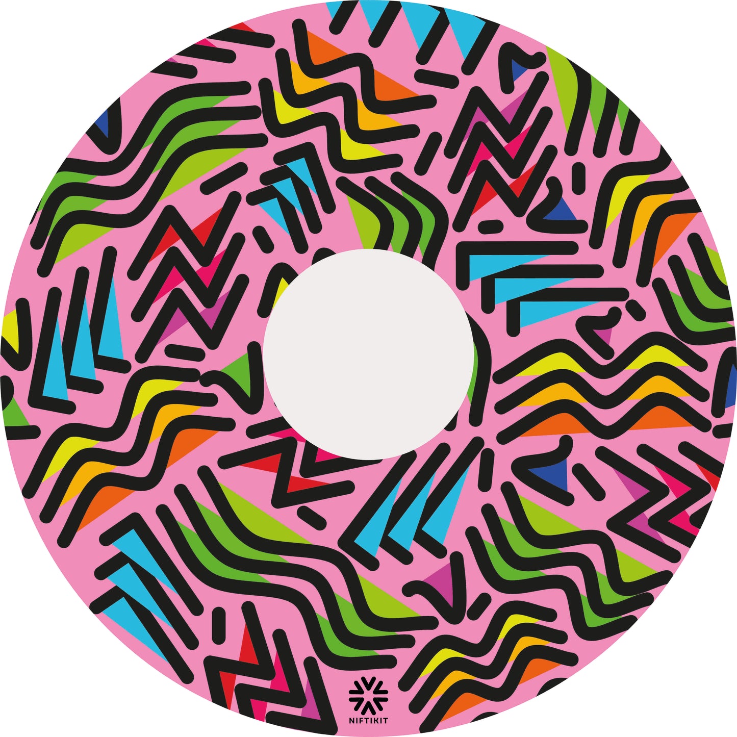 Wheel cover with geometric lines of varying shapes and lengths with shaded infill blocks contrasting on a pink base background. 