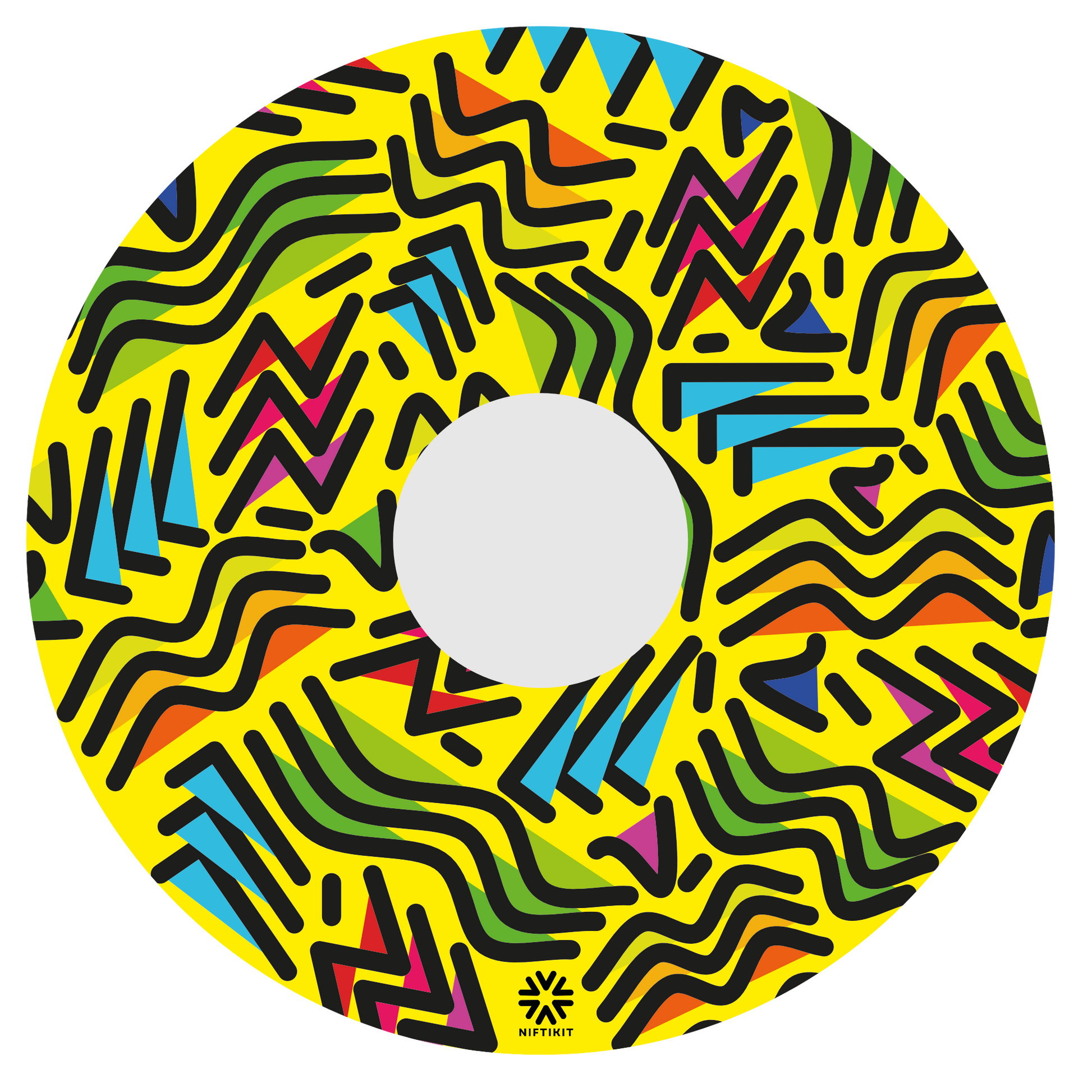 Wheel cover with geometric lines of varying shapes and lengths with shaded infill blocks contrasting on a yellow base background. 