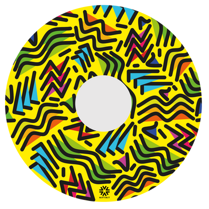 Wheel cover with geometric lines of varying shapes and lengths with shaded infill blocks contrasting on a yellow base background. 