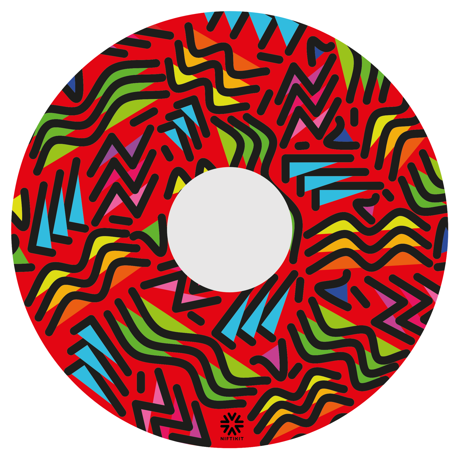 Wheel cover with geometric lines of varying shapes and lengths with shaded infill blocks contrasting against a red base background. 