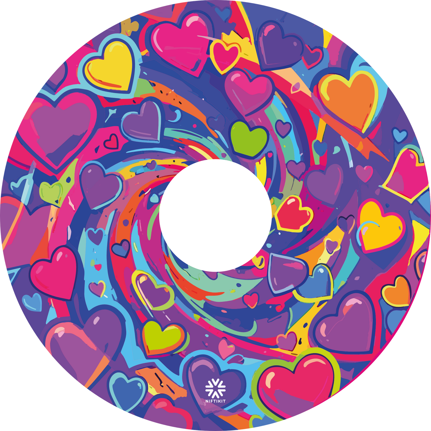 A bright love heart themed swirling design in pinks, purples, yellows and greens. This spoke guard shows 135mm center cutout and Niftikit Logo in white at the bottom 