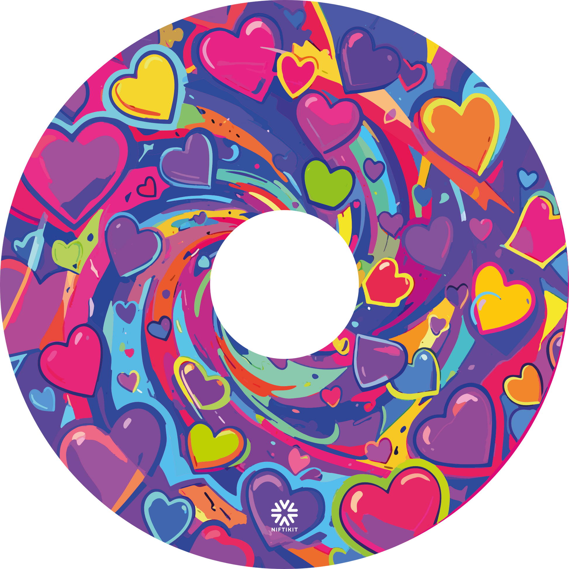 A bright love heart themed swirling design in pinks, purples, yellows and greens. This spoke guard shows 135mm center cutout and Niftikit Logo in white at the bottom 