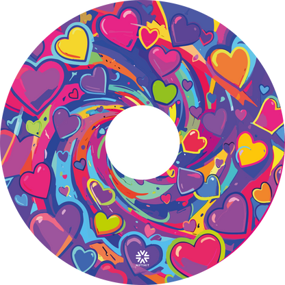 A bright love heart themed swirling design in pinks, purples, yellows and greens. This spoke guard shows 135mm center cutout and Niftikit Logo in white at the bottom 