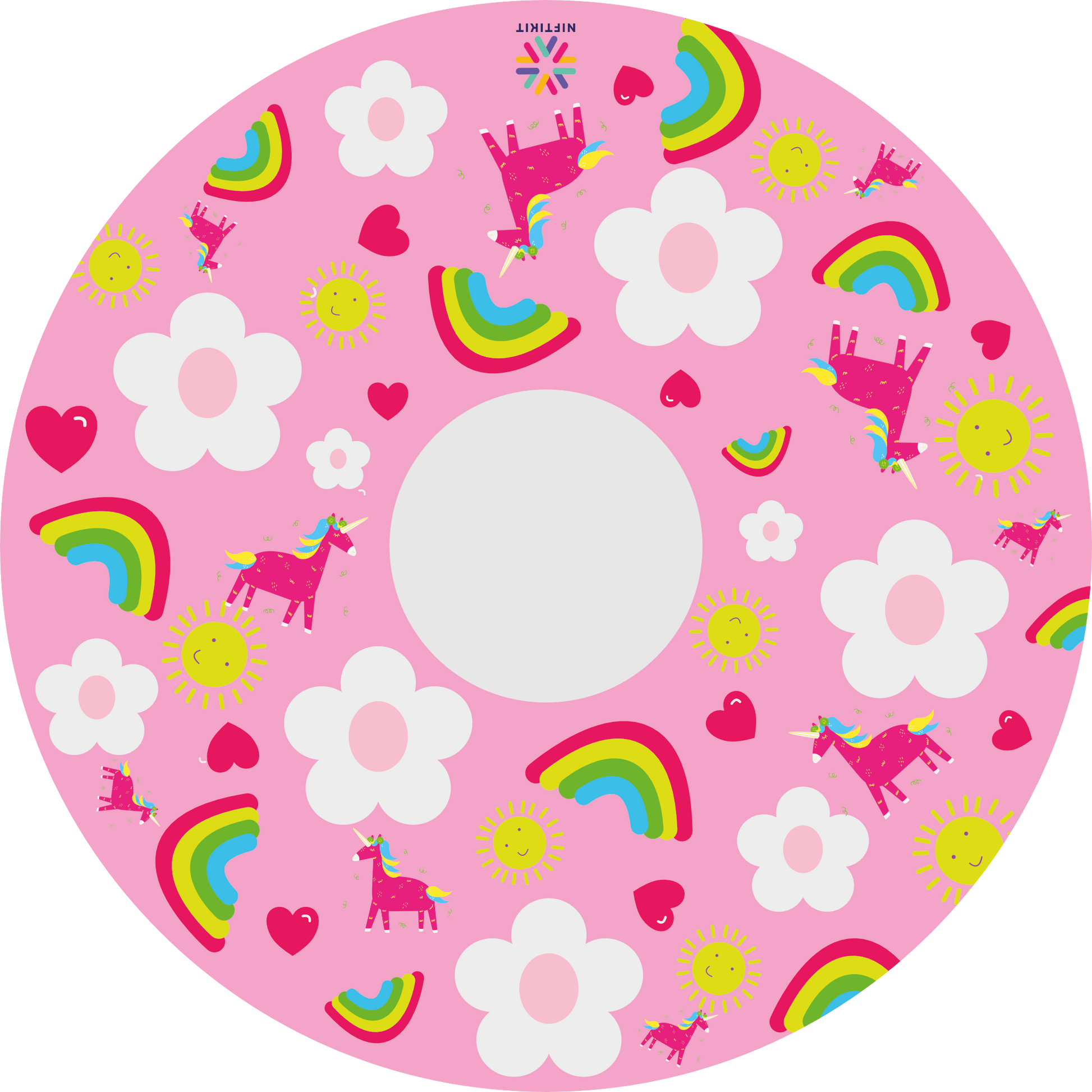 Wheelchair wheel cover with bright rainbows and unicorns on a baby pink background with cartoon white flowers. 