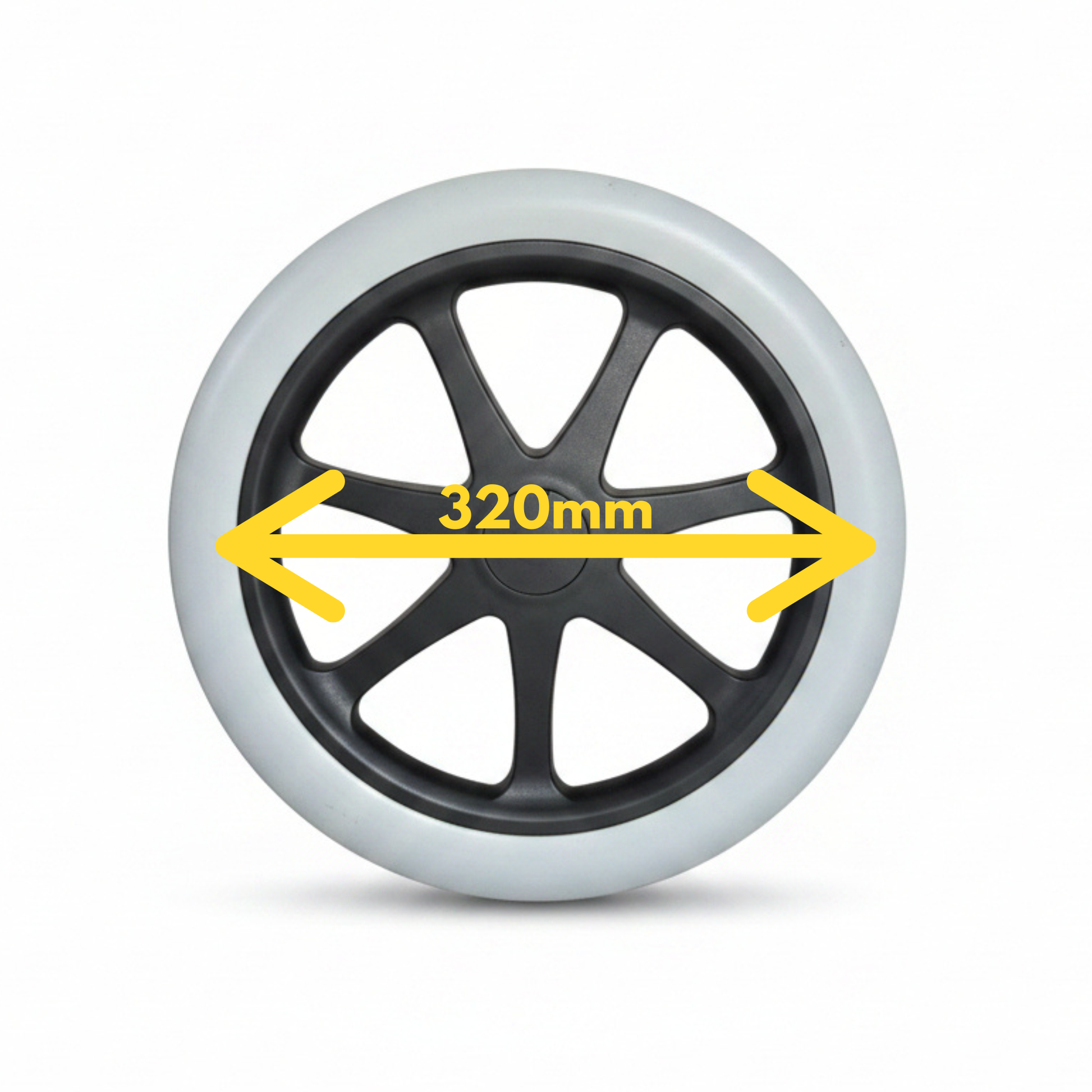 A 16 inch Transit style wheelchair wheel with 7 spokes, light gray or off-white tire, to pair with Niftikit 320mm spoke guard with no centre cutout 