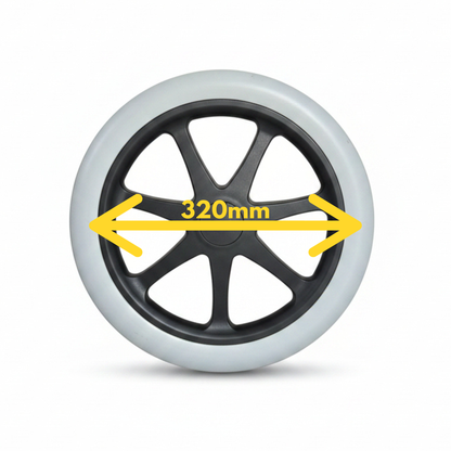 A 16 inch Transit style wheelchair wheel with 7 spokes, light gray or off-white tire, to pair with Niftikit 320mm spoke guard with no centre cutout 