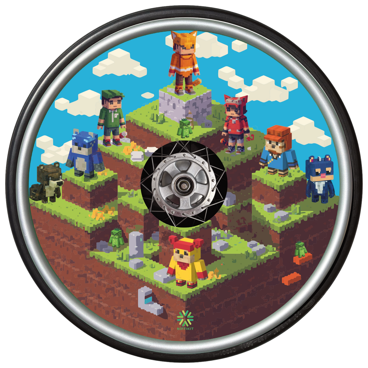 Circular wheelchair spoke guard with design of pixelated characters on a platform, resembling a video game level.