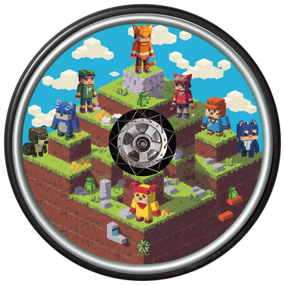 Circular wheelchair spoke guard with design of pixelated characters on a platform, resembling a video game level.