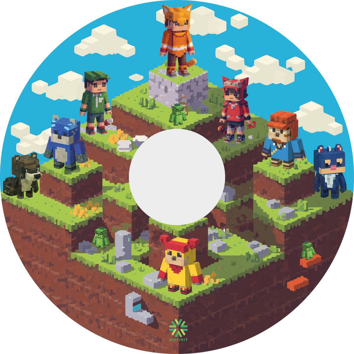 Circular wheelchair spoke guard featuring pixelated characters on a platform, resembling a video game level.