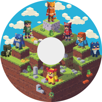 Circular wheelchair spoke guard featuring pixelated characters on a platform, resembling a video game level.