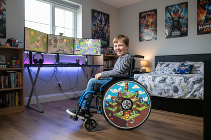 Boy site in wheelchair featuring spoke guards with Minecraft style characters on an island, resembling a video game level.