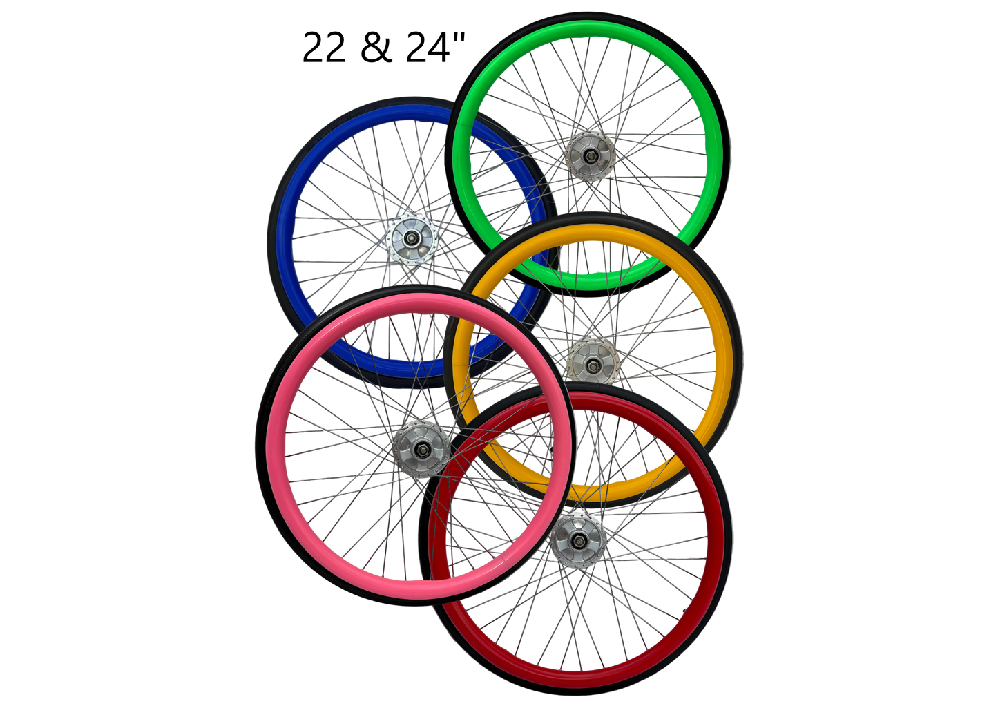 Wheelchair wheels with various coloured silicone push rim covers on a white background.