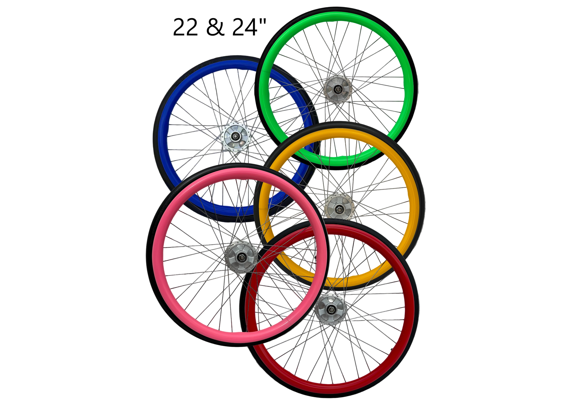 Wheelchair wheels with various coloured silicone push rim covers on a white background.