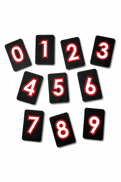 Nifti-Vision high contrast tactile number tiles 0-9 showing a raised number symbol with an internal channel for tactile tracing.